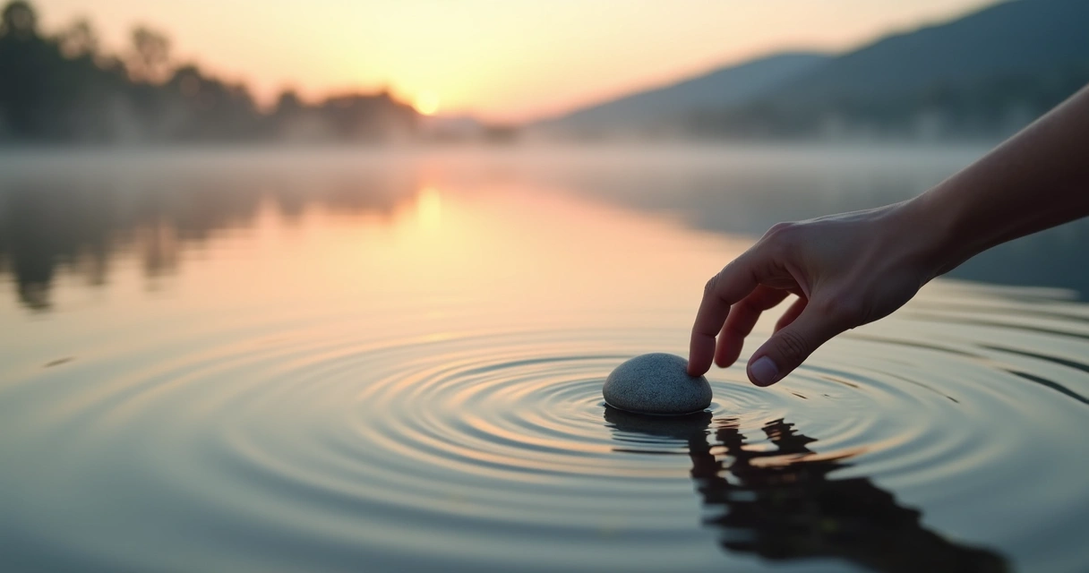 Hand dropping a small stone into a calm lake creating wide ripples at sunrise 