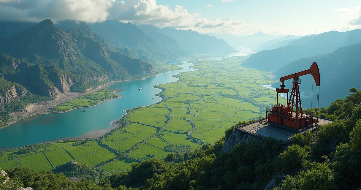 Ilustração de petróleo, rios e campos verdes nas Américas 