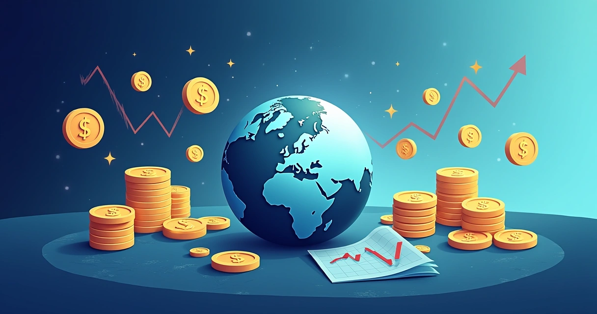 Ilustração de risco cambial e estratégias de mitigação com globos e símbolos de moedas flutuantes.