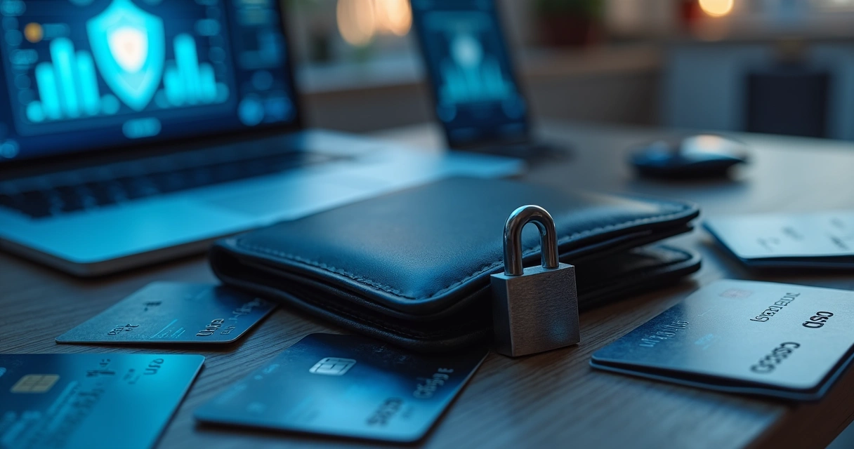 Carteira digital com cartas de crédito e cadeado de segurança ao lado