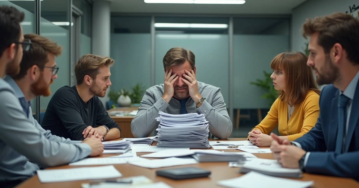 Equipe em reunião de negócios com clima tenso, papéis e documentos acumulados na mesa.