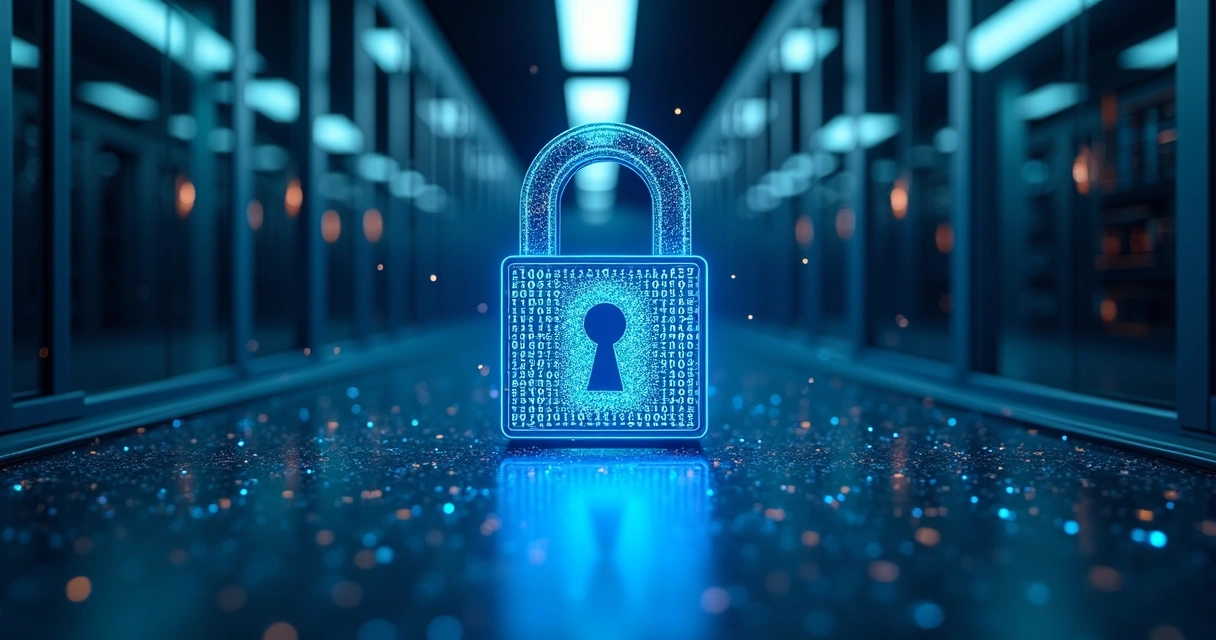 Cadeado digital azul representando risco de cibersegurança em empresas 
