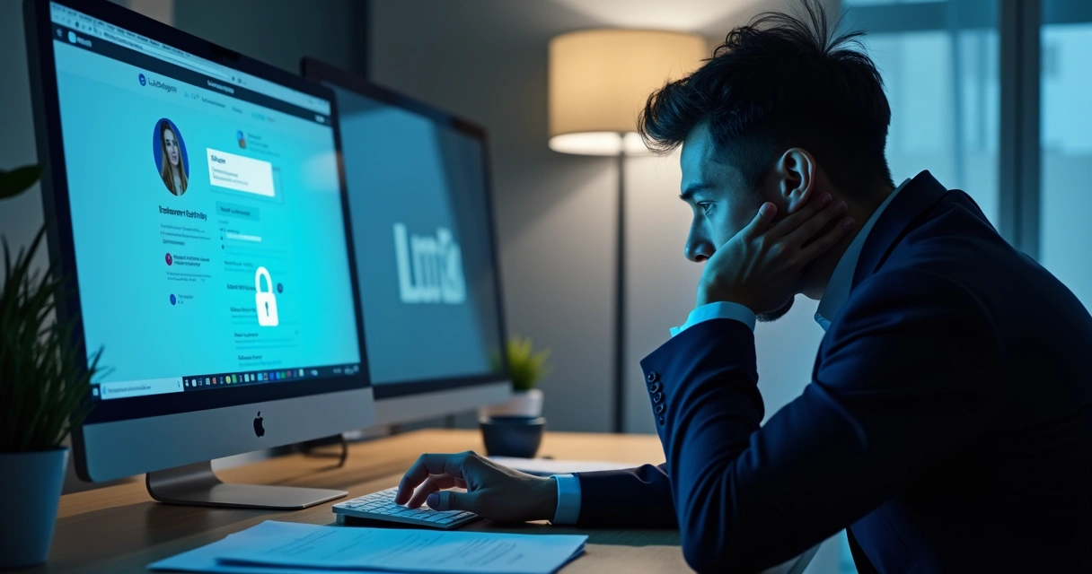 Profissional refletindo preocupado diante de tela de LinkedIn bloqueada 