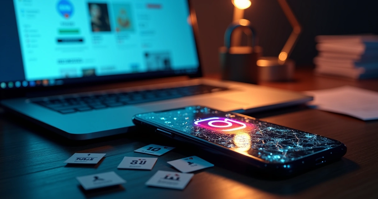 Tela quebrada de smartphone com logo do Instagram e alerta de risco em marketplace online 