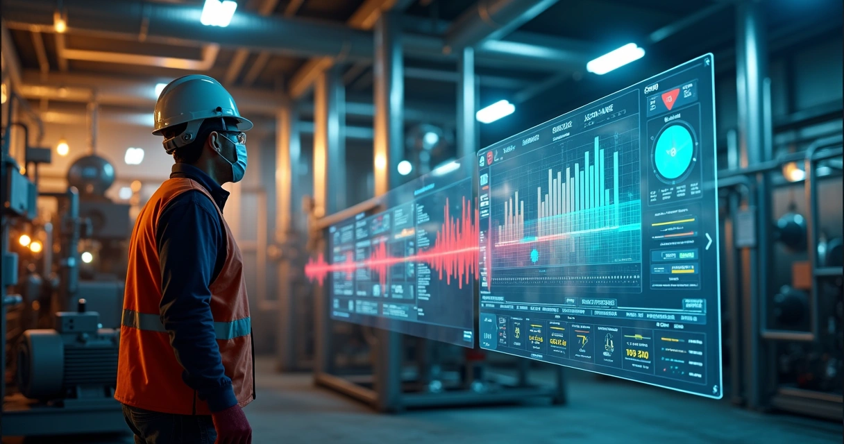 Operário com EPI observado por sensores de risco físico em área industrial 