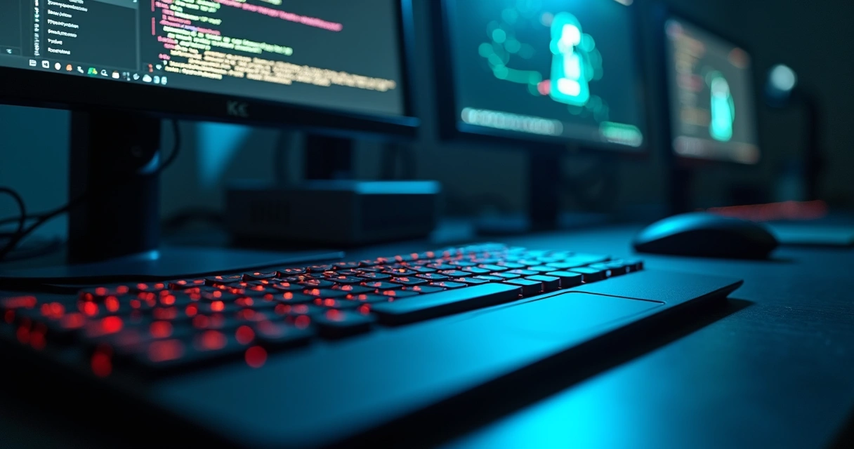 Sombra de código sobre um teclado, simbolizando riscos invisíveis em TI 