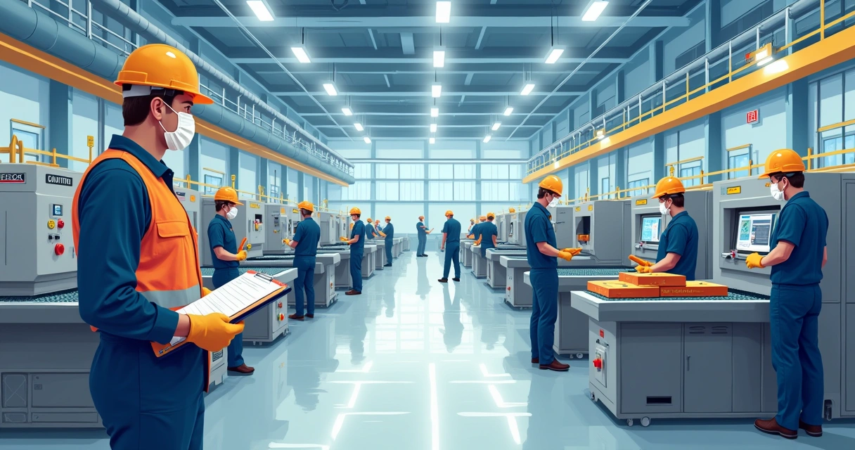 Funcionários de fábrica operando máquinas grandes com equipamentos de proteção individual 