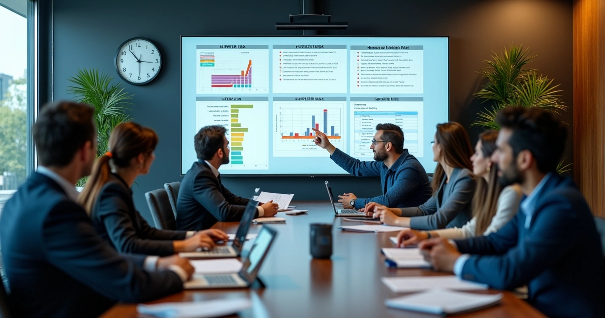 Equipe avaliando risco operacional de fornecedor em reunião 