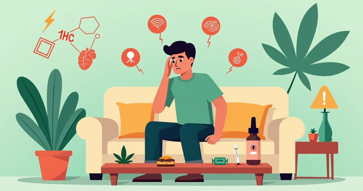 Ilustração de pessoa sentada confusa ao lado de produtos de cannabis e sinais de alerta de saúde 