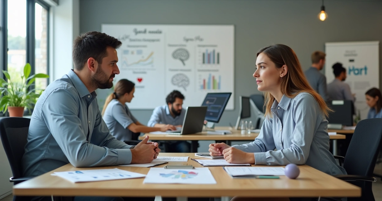 Gestor de pequena empresa conversando com funcionária sobre riscos psicossociais no escritório 