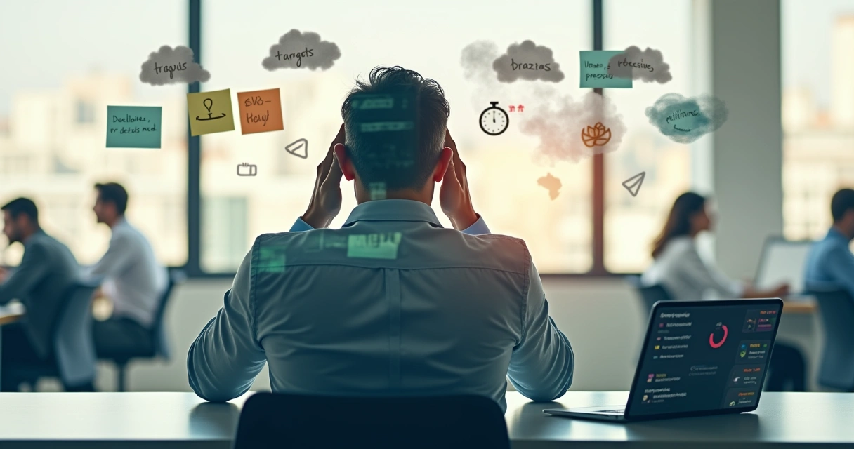 Colagem conceitual sobre risco psicossocial no ambiente de trabalho 