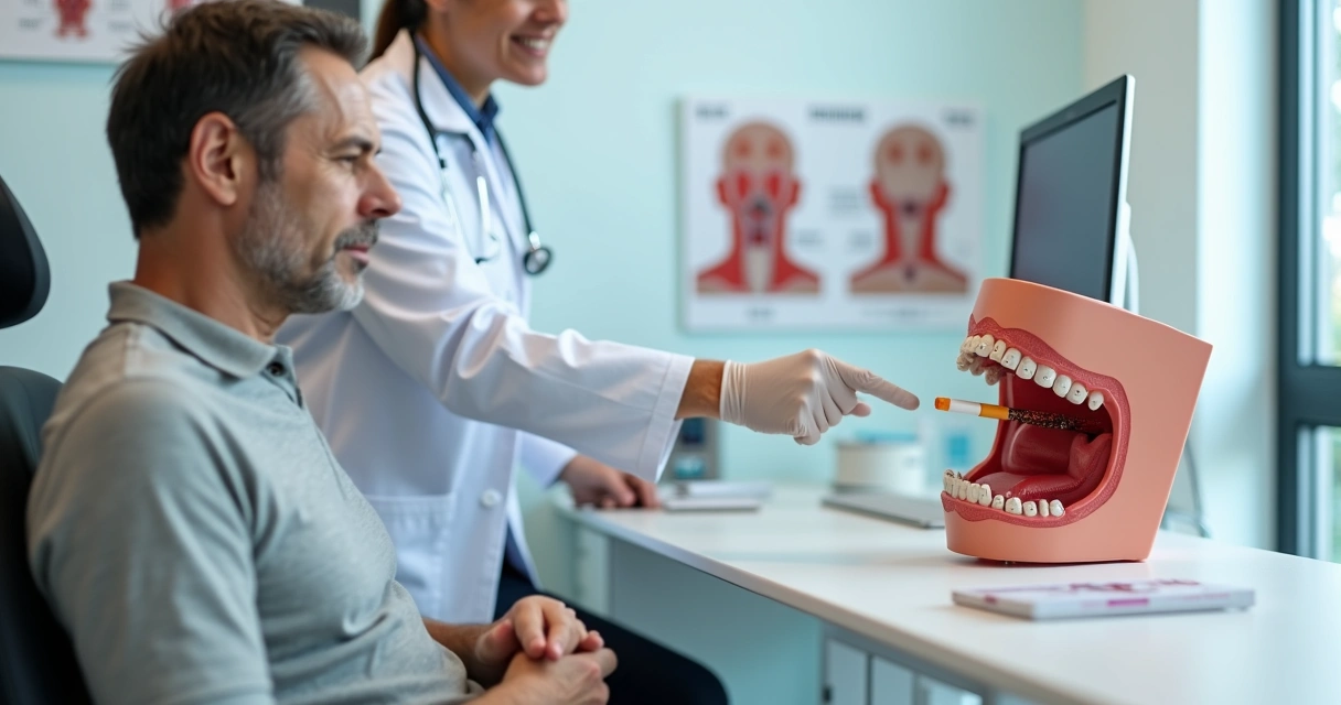 Dentist showing oral lesions on model to patient who is holding cigarette pack 