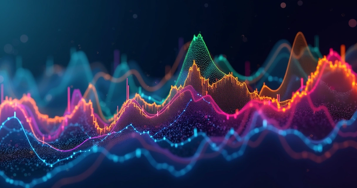 Gráfico mostra linhas de volatilidade em diferentes ativos, com barras coloridas. 