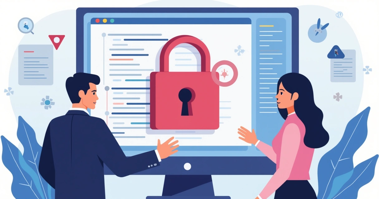Tela de código com alerta de vulnerabilidade e cadeado vermelho 