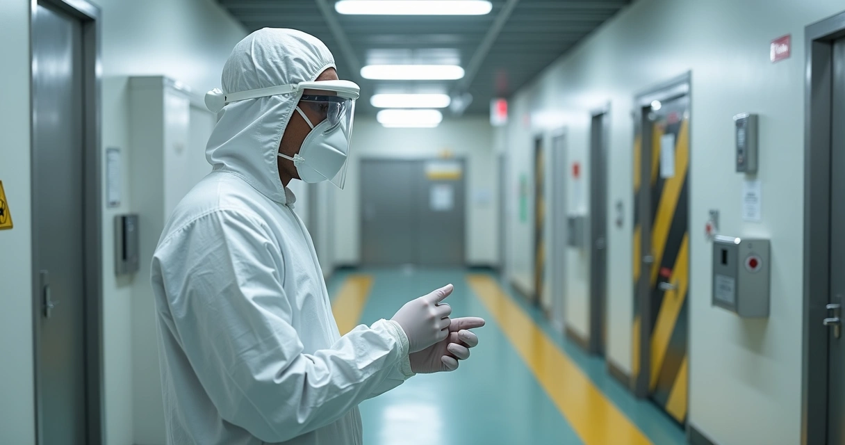 Trabalhador de uniforme completo usando EPI em ambiente industrial controlado 