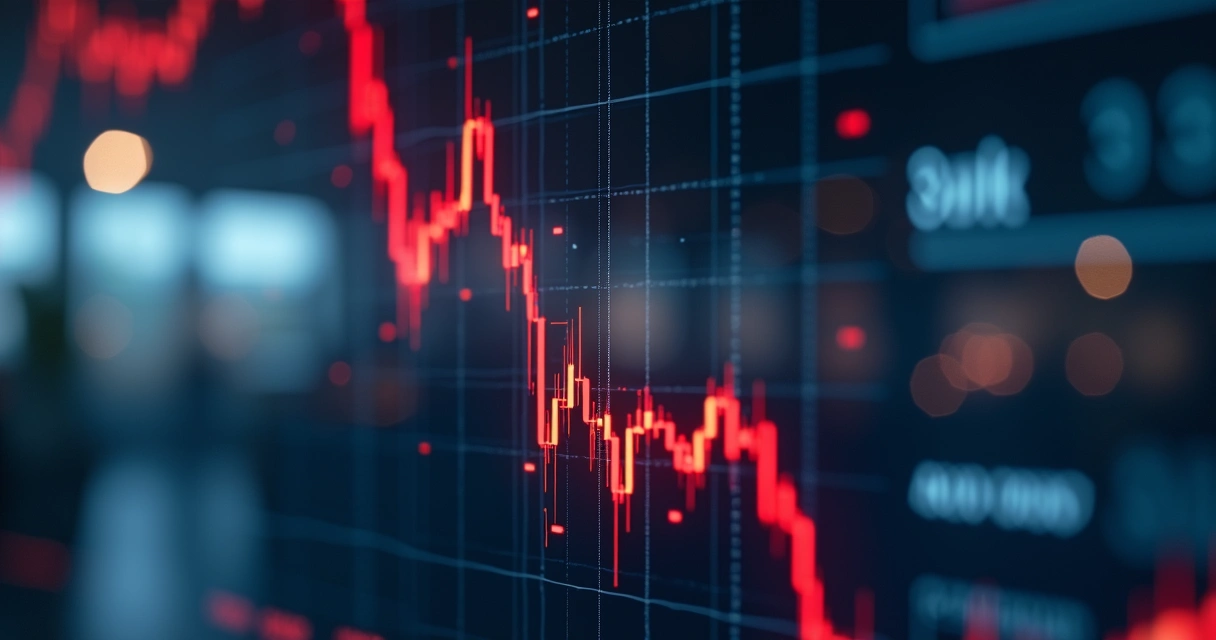 Painel financeiro mostrando gráficos descendentes e símbolos de alerta, com a silhueta do Brasil no fundo 