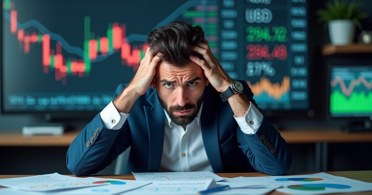 Homem preocupado com gráficos de moedas e dólar. 
