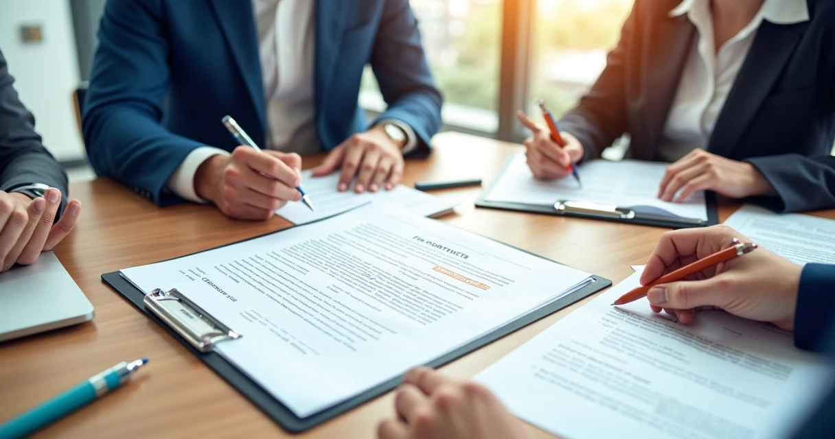 Equipe analisando contratos em mesa de escritório