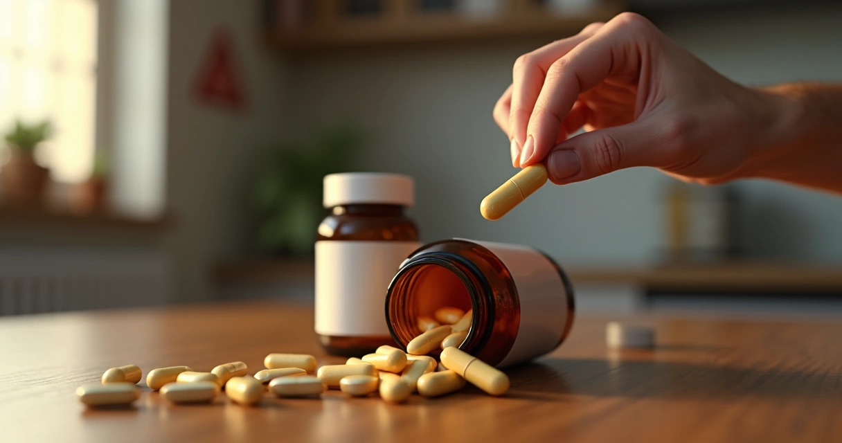 Suplementos abertos próximo a uma mão segurando um comprimido