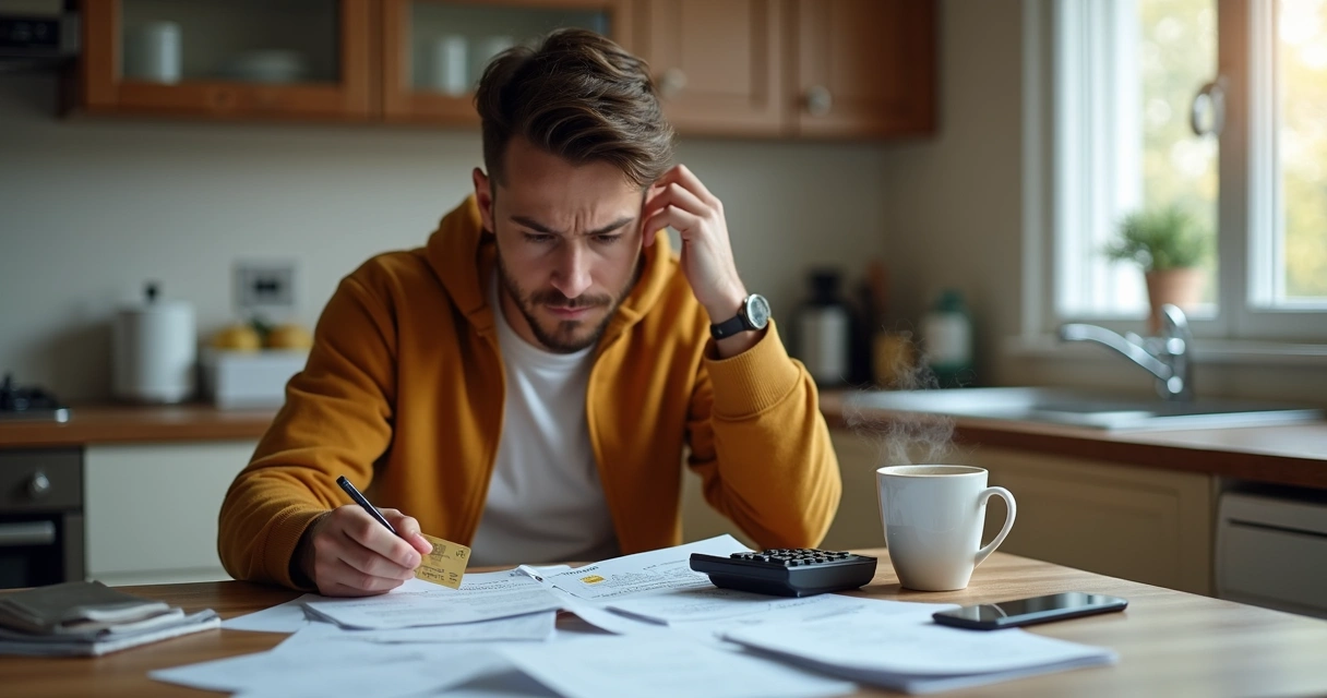 Pessoa olhando preocupado para faturas e cartão de crédito na mesa 