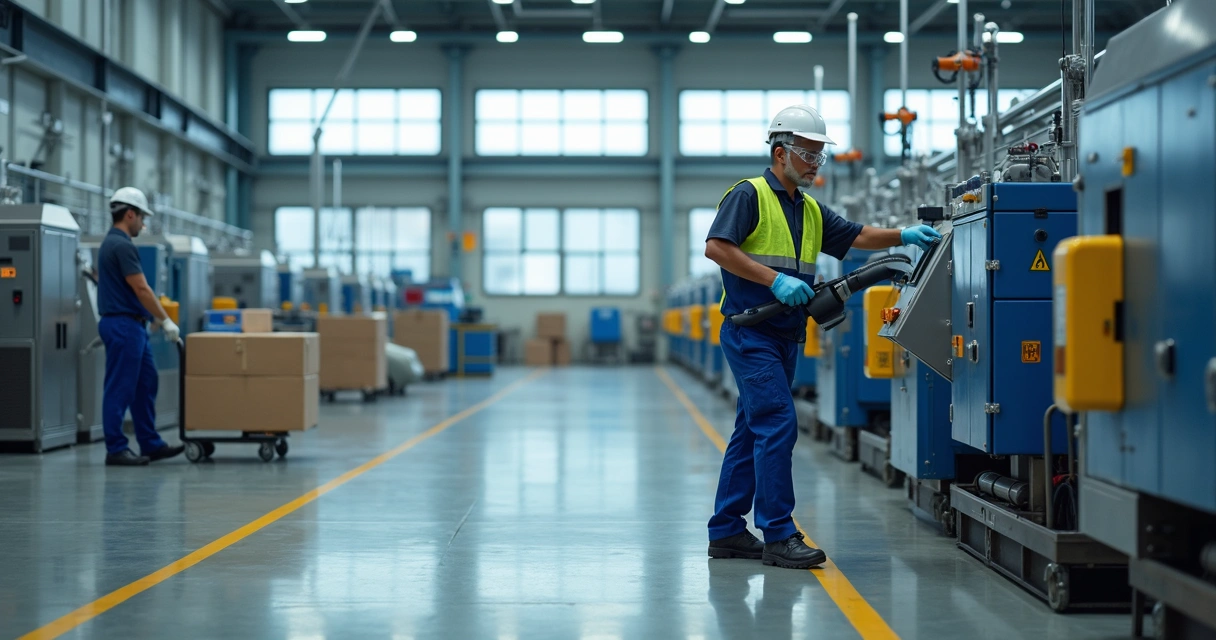 Trabalhadores em área industrial seguindo práticas de segurança contra riscos físicos 