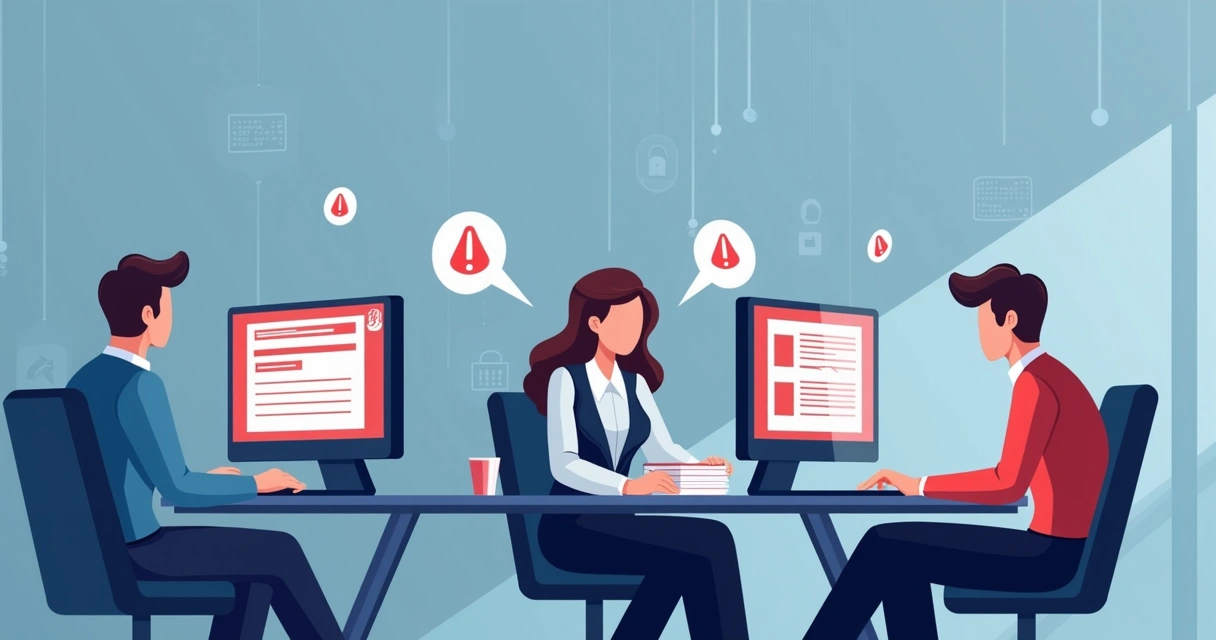 Ilustração de colaboradores analisando notificações de alerta em monitores de computador 