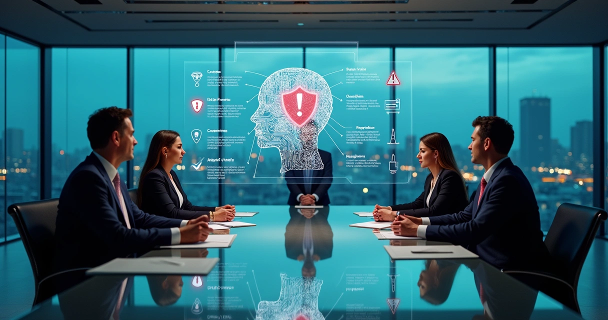 Executivos analisando painel digital com ícones de inteligência artificial e alertas de risco em um escritório moderno 