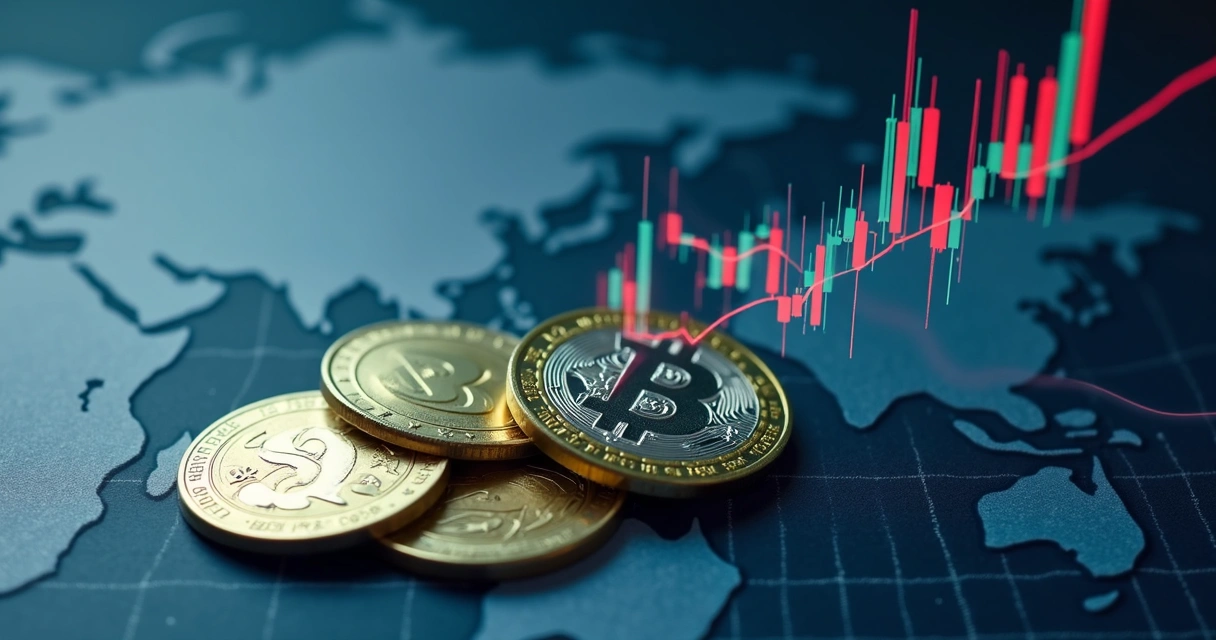 Gráfico de risco cambial com moedas estrangeiras ao fundo 