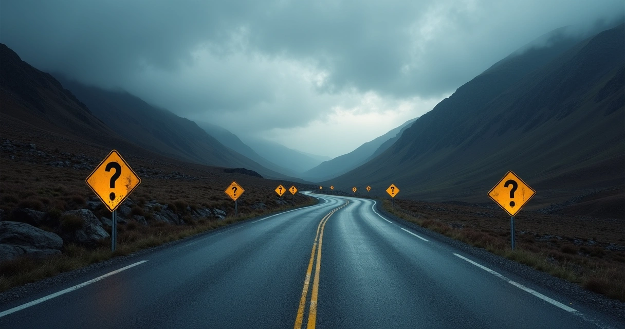 Estrada sinuosa entre montanhas com placas de alerta, simbolizando riscos jurídicos 