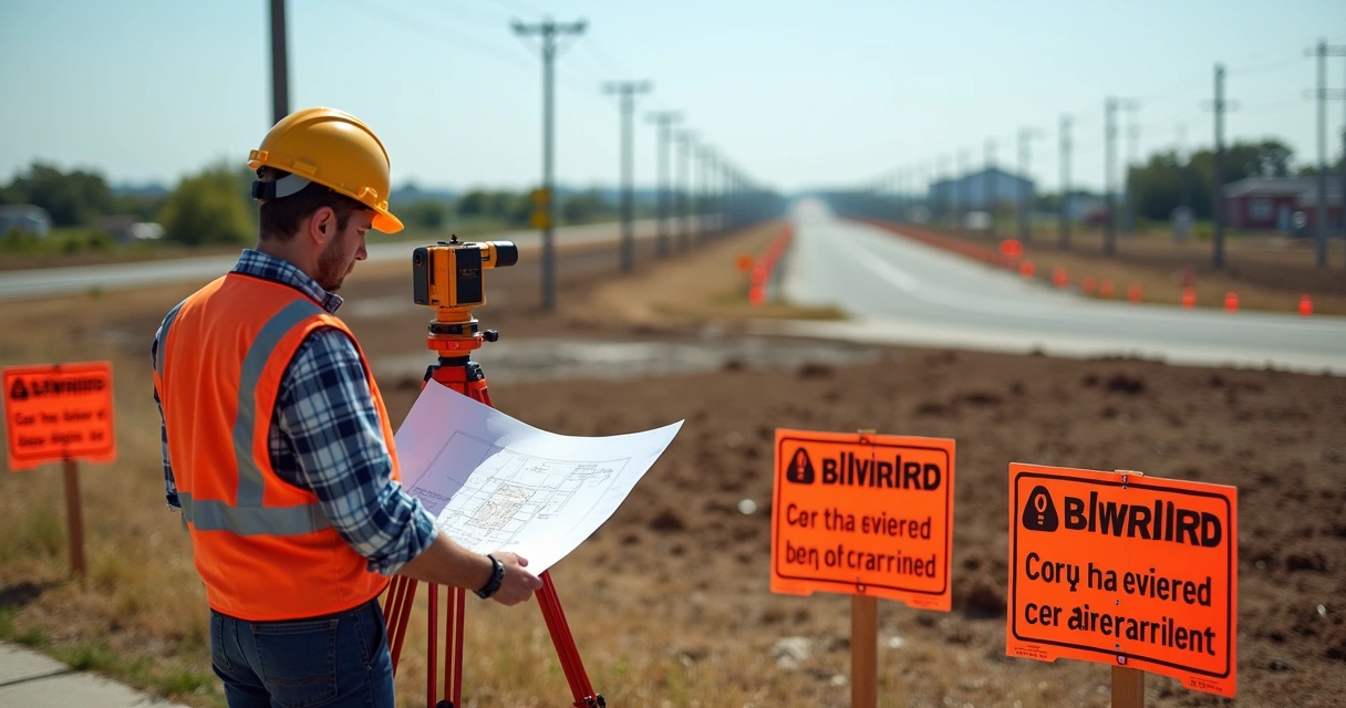 Terreno subdividido com placas de aviso jurídico e engenheiro avaliando o local para loteamento 