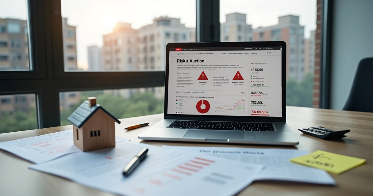 Investidor analisando documento de leilão de imóvel com símbolo de alerta na tela 