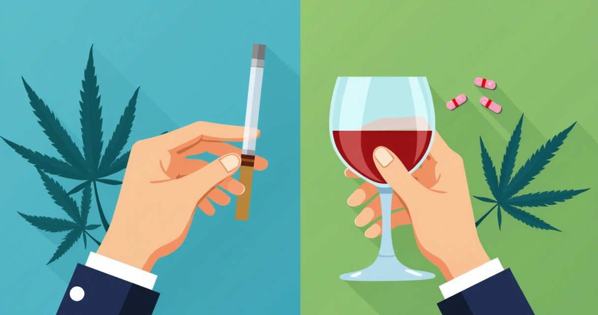 Ilustração de mãos segurando diferentes substâncias: cigarro, bebida e comprimidos, com folhas de cannabis ao fundo. 
