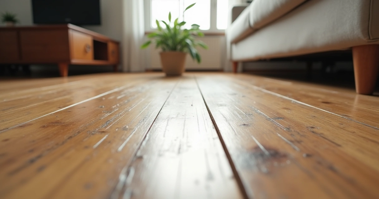 Marcas e arranhões visíveis em piso de madeira de uma sala de estar.