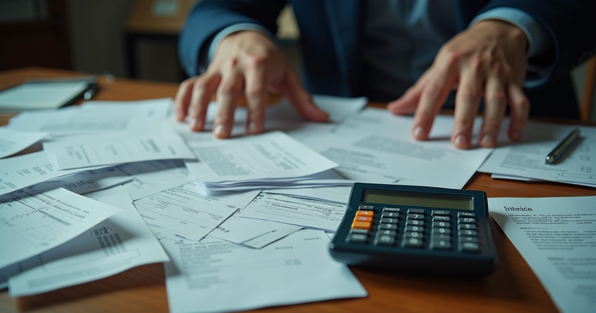 A pilha de papéis desorganizados e calculadora mostrando dificuldades fiscais