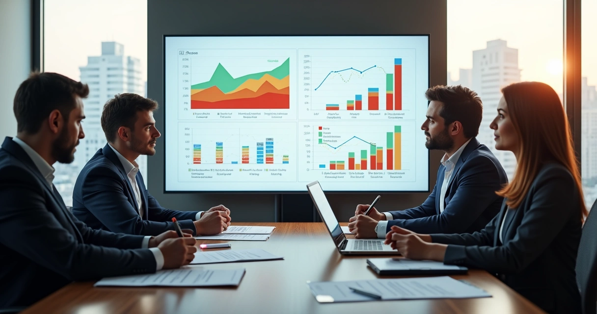 Gestores analisando gráficos de riscos psicossociais e impacto financeiro em empresa 