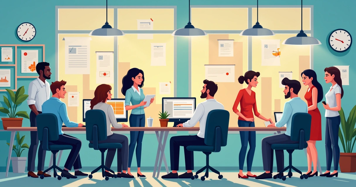 Ilustração colorida de profissionais em diferentes ambientes de trabalho, destaque para sinais de estresse, excesso de papéis, computador, relógio marcando horas, e interação entre equipe, remetendo aos riscos psicossociais. 
