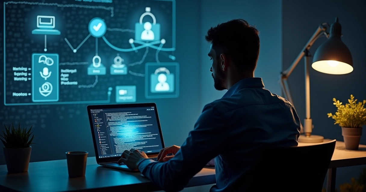Homem digitando em laptop com aplicativos variados abertos na tela 