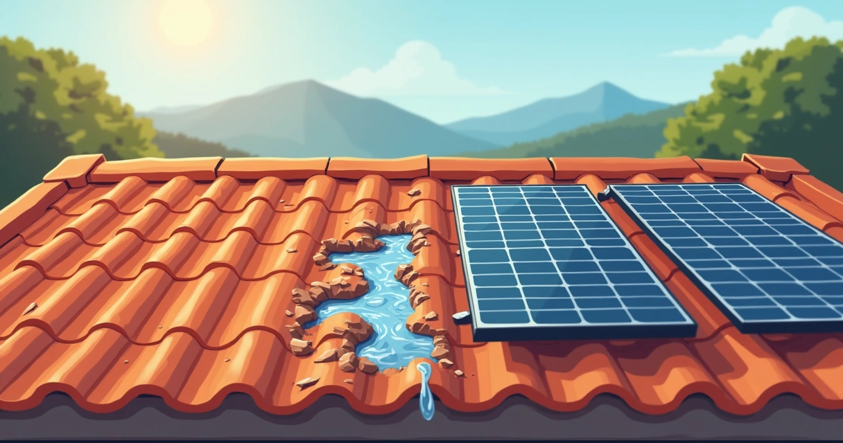 Detalhe de telhado de telhas com infiltração próximo a placas solares 