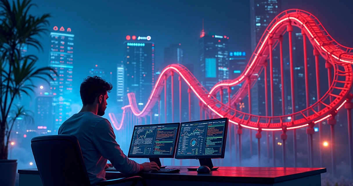 Ícones de alerta e gráficos em montanha-russa representando riscos do trade futuro em criptomoedas