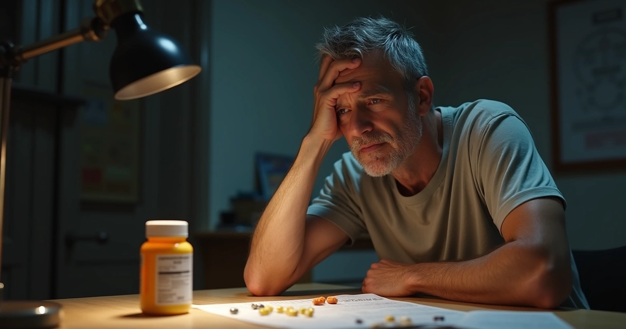 Homem com expressão preocupada olhando frasco genérico