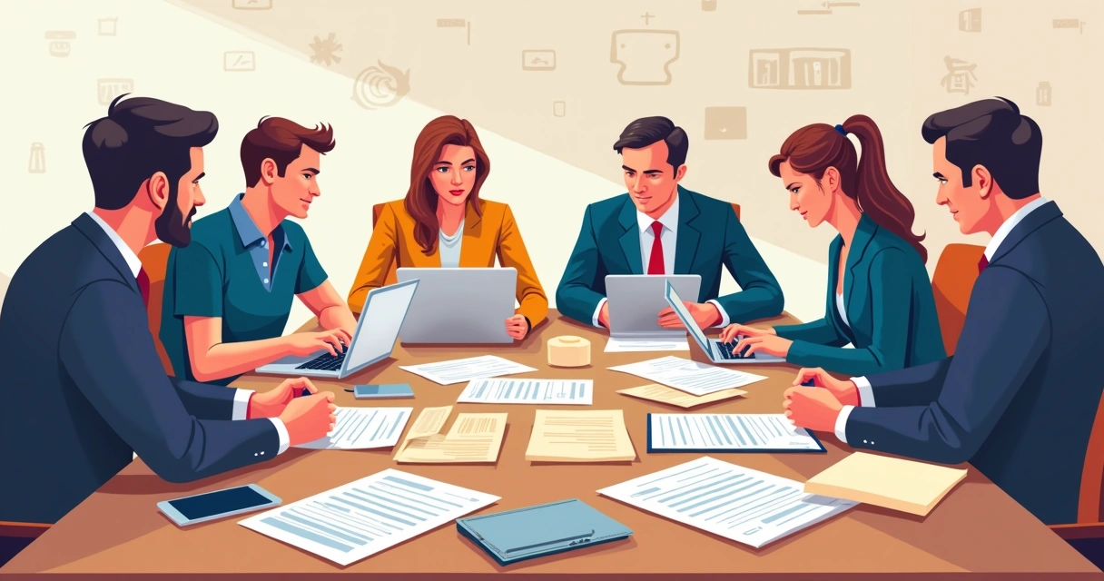 Ilustração de equipe política com documentos confidenciais em uma sala, computadores e papéis sobre a mesa 