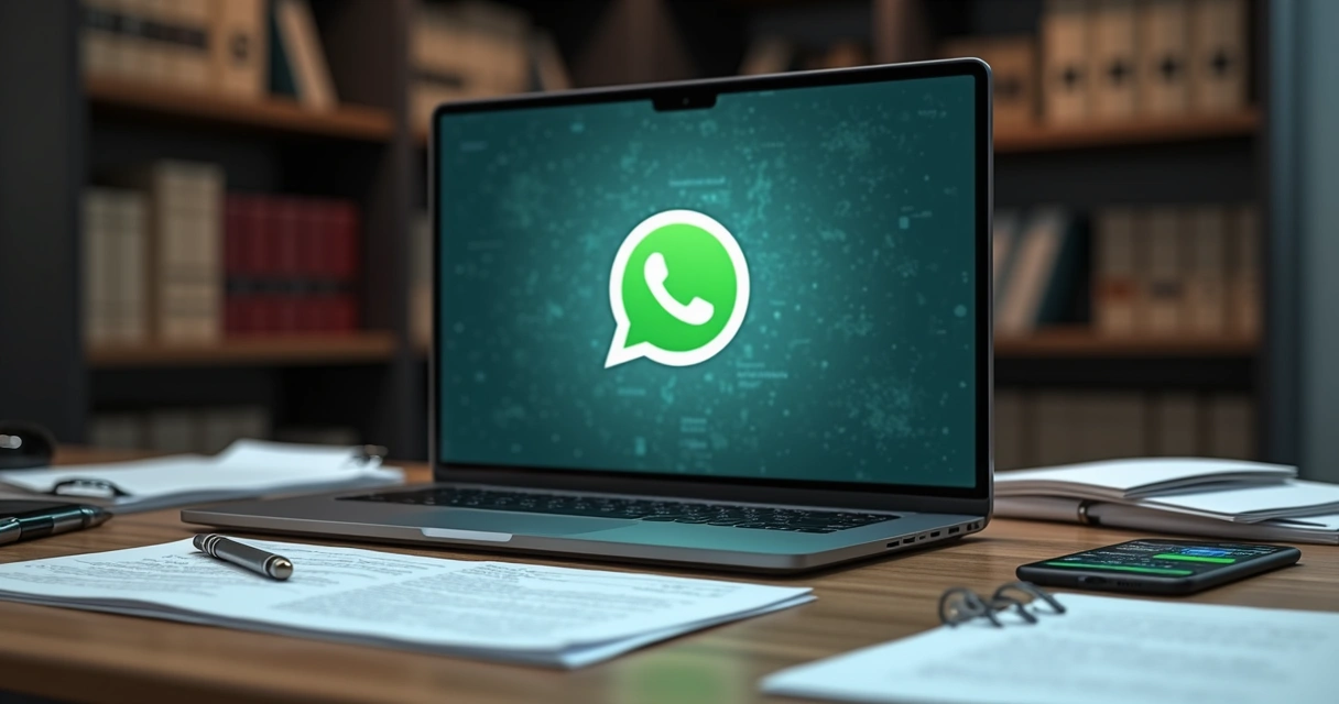 Mesa de escritório com laptop aberto mostrando chat do WhatsApp e documentos legais ao lado, representação de riscos digitais para escritórios advocatícios 