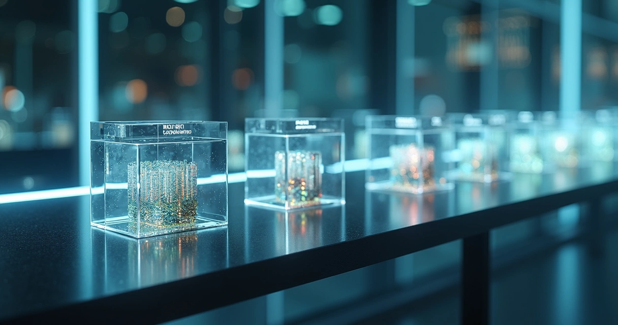 Colorful financial risk cubes balanced in a sleek laboratory setting 