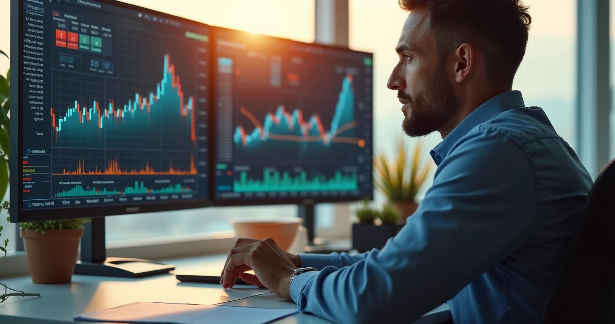 Trader in front of screens with positive trading results 