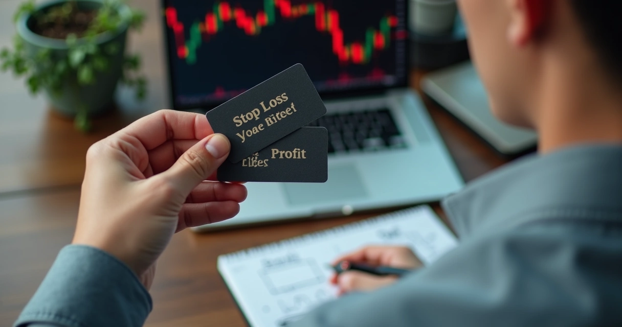 Trader holding stop loss and take profit signs at desk 