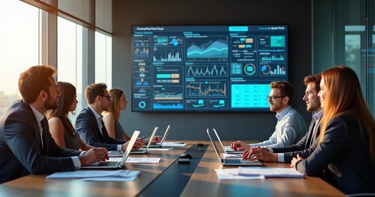 Team meeting around risk management dashboard