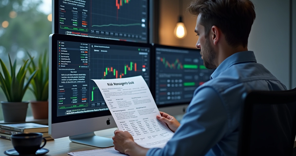 Trader reviewing risk management guide at a trading desk 