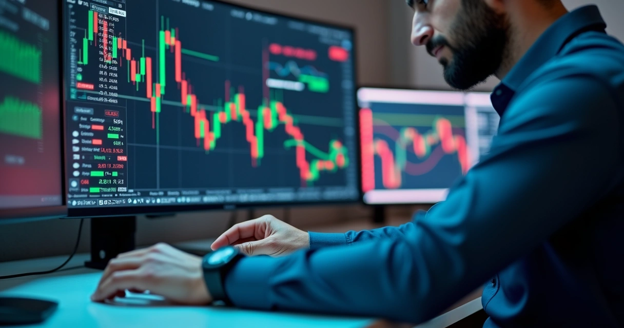 Trader using risk management tools with volume and price overlays 