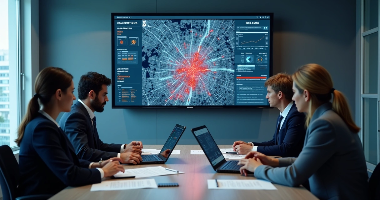 Risk score dashboard beside diverse decision-makers in a meeting
