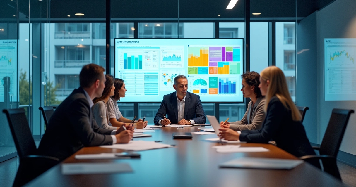 CFO leading a diverse risk analytics team in a modern office, reviewing financial models on large digital screens.